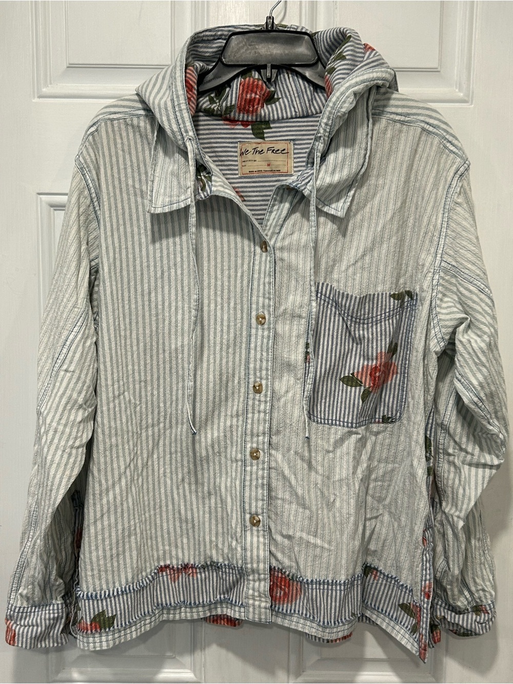 Free People We The Free About To Slide Hoodie Shirt Blue Floral Stripe Size M